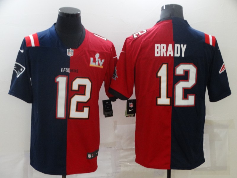 Men's Tampa Bay Buccaneers #12 Tom Brady Red Navy Super Bowl Split GOAT Stitched Jersey Men's Tampa Bay Buccaneers #12 Tom Brady Red Navy Super Bowl Split GOAT Stitched Jersey